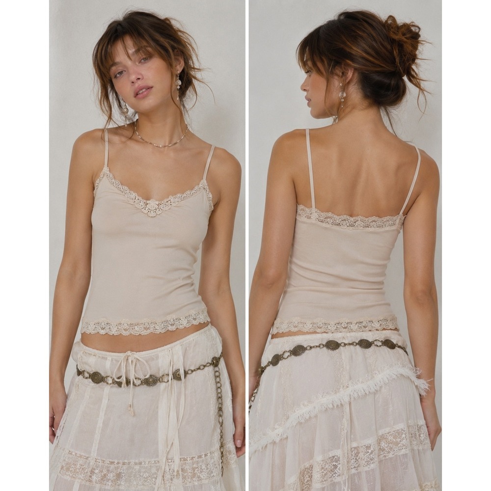 VTG Y2K Express Camisole M Ivory Lace Trim Coquette Cottagecore Boho Chic‎ Indie